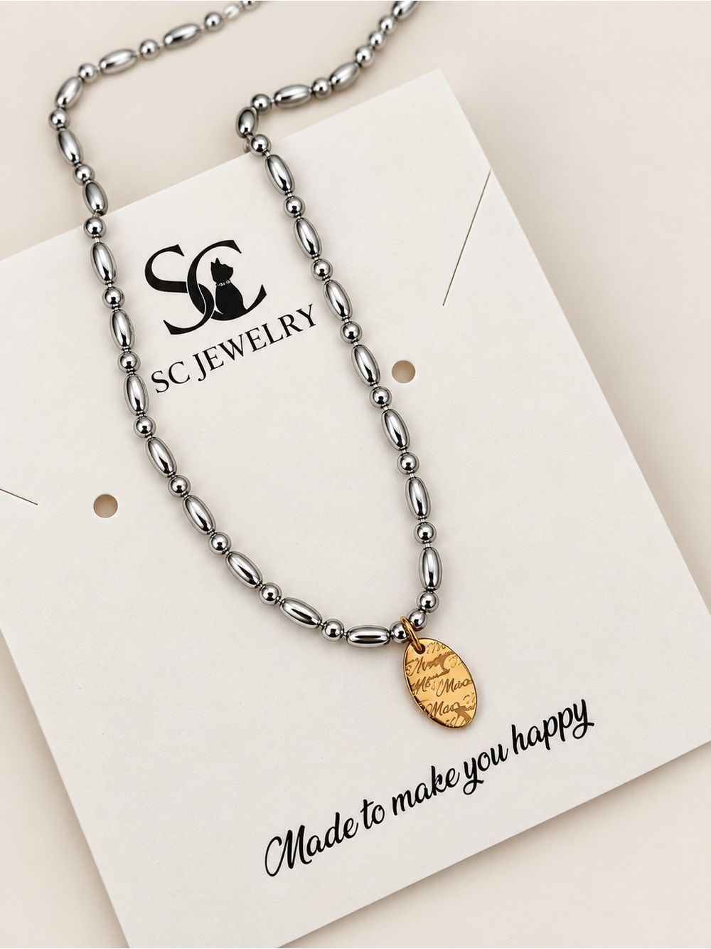 Stainless Steel Gold Script Pendant Silver Beaded Chain Necklace Mixed Metal